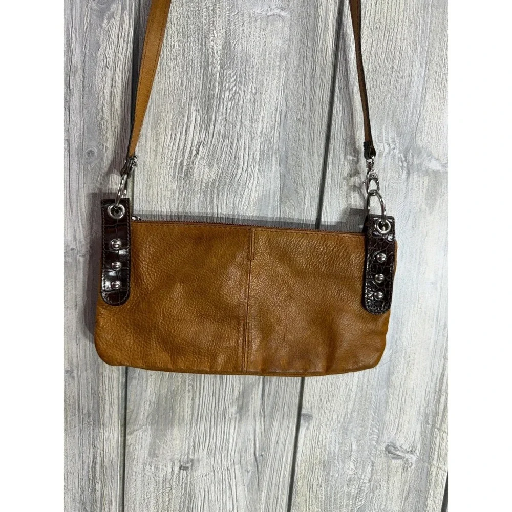 Lavorazione Artigianale Italy Tan Leather Foldover Crossbody Bag Croc Trim PAM